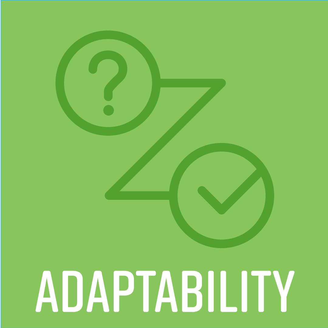 Adaptability Titled "Adaptability" with icon showing a path from question mark to check mark