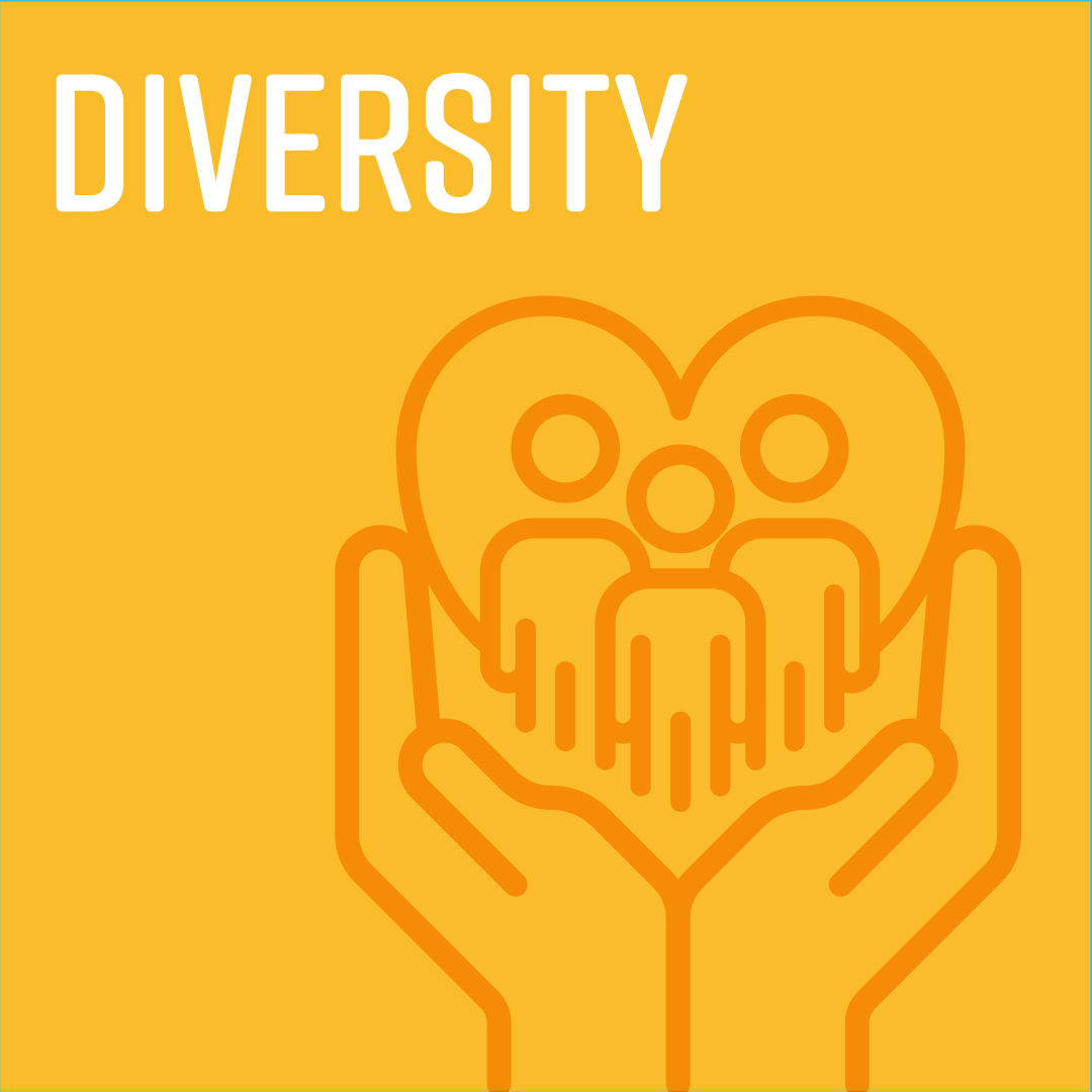 Diversity Titled "Diversity" with icon of hands holding heart and group of people