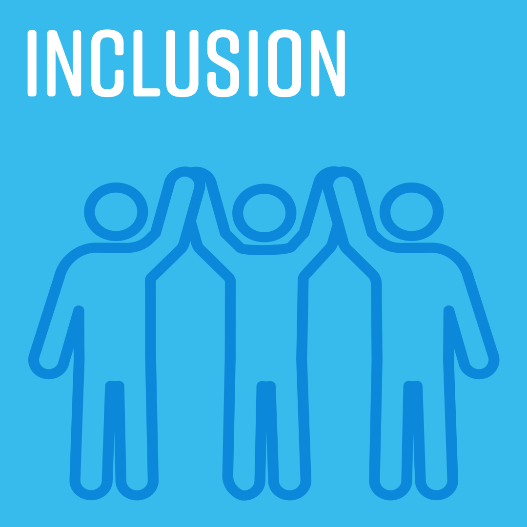 Inclusion Titled "Inclusion" with icon of 3 people lifting the hands of the person in the middle