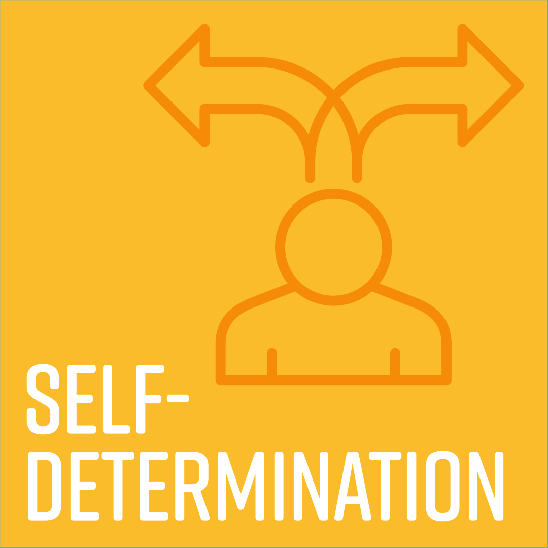 Self-determination Titled "Self-Determination" with icon of one person that is make a choice showing 2 arrows going in different directions.