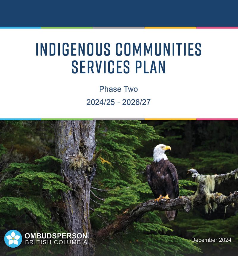 OMB_ICSP_sq-cover Cover of Indigenous Communities Services Plan showing a single bald eagle perched high in a tree in the Pacific